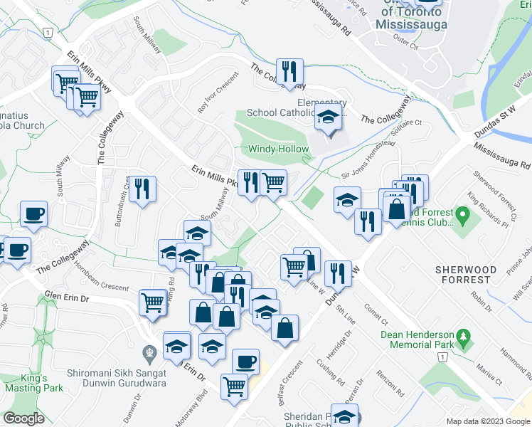 map of restaurants, bars, coffee shops, grocery stores, and more near in Mississauga