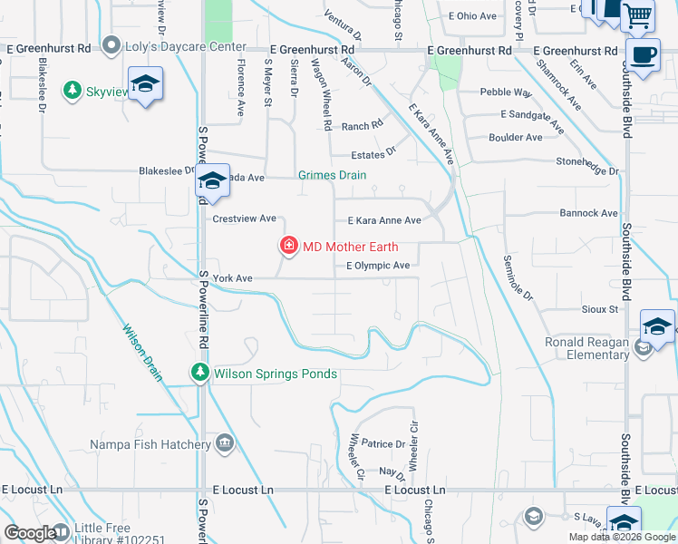map of restaurants, bars, coffee shops, grocery stores, and more near 3107 South Harbour Springs Street in Nampa
