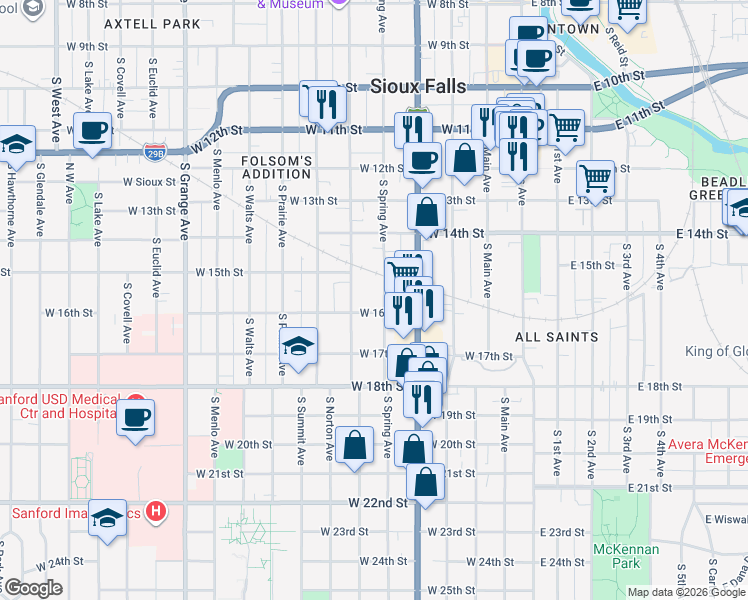 map of restaurants, bars, coffee shops, grocery stores, and more near 512 West 16th Street in Sioux Falls