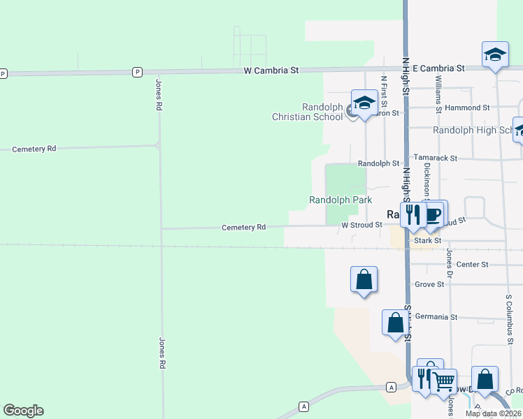 map of restaurants, bars, coffee shops, grocery stores, and more near W304 Cemetery Road in Randolph