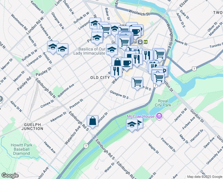 map of restaurants, bars, coffee shops, grocery stores, and more near 70 Waterloo Avenue in Guelph