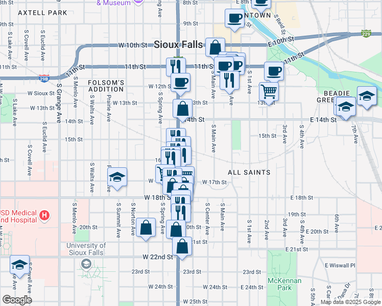 map of restaurants, bars, coffee shops, grocery stores, and more near 705 South Dakota Avenue in Sioux Falls