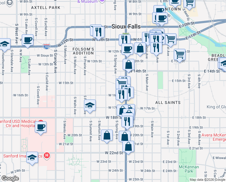 map of restaurants, bars, coffee shops, grocery stores, and more near 512 West 16th Street in Sioux Falls