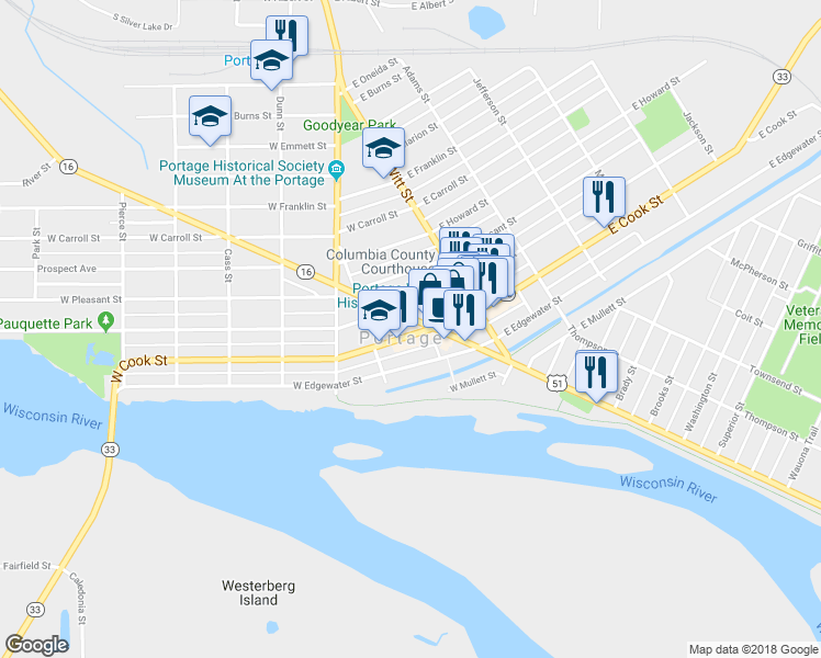 map of restaurants, bars, coffee shops, grocery stores, and more near 207 West Cook Street in Portage