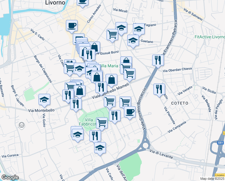 map of restaurants, bars, coffee shops, grocery stores, and more near 3 Via Oscar Ghiglia in Livorno