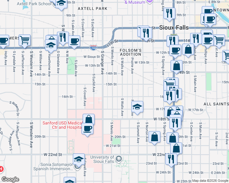 map of restaurants, bars, coffee shops, grocery stores, and more near 920 West 16th Street in Sioux Falls