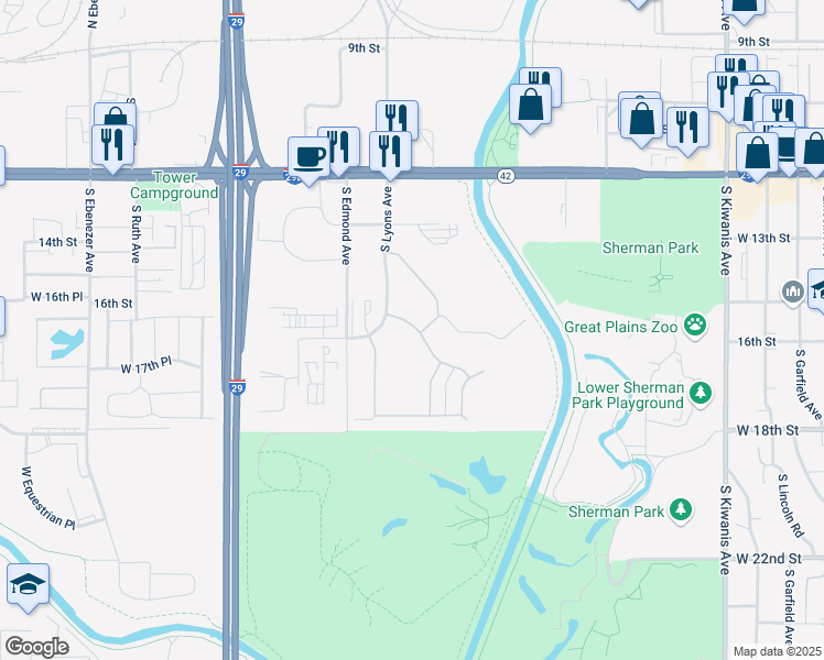 map of restaurants, bars, coffee shops, grocery stores, and more near 4115 West Newcomb Drive in Sioux Falls