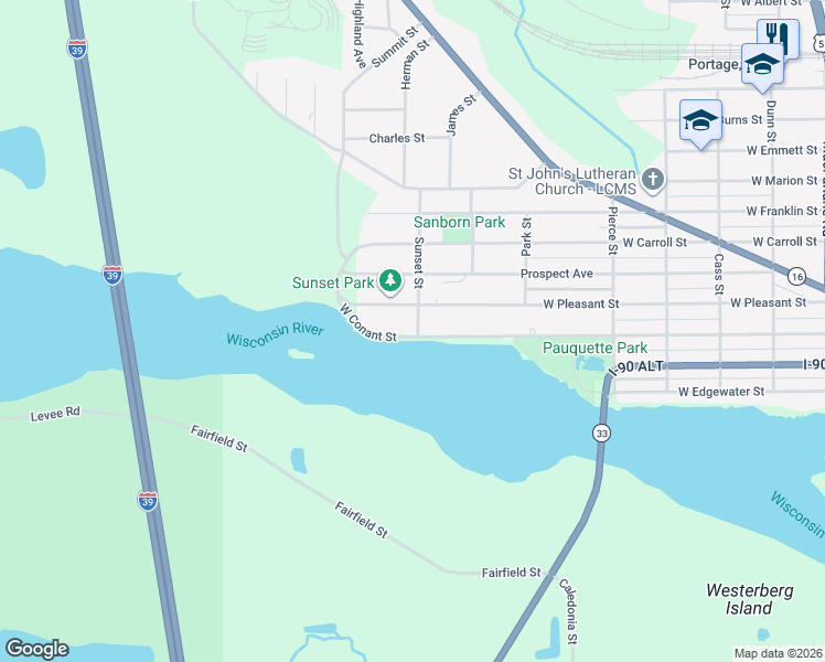 map of restaurants, bars, coffee shops, grocery stores, and more near 1129 West Conant Street in Portage