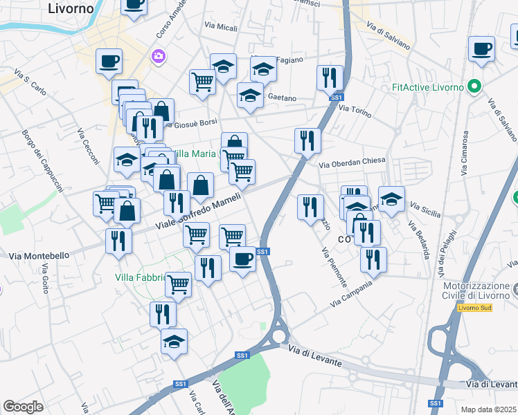 map of restaurants, bars, coffee shops, grocery stores, and more near 37 Via Ebrei Vittime del Nazismo in Livorno