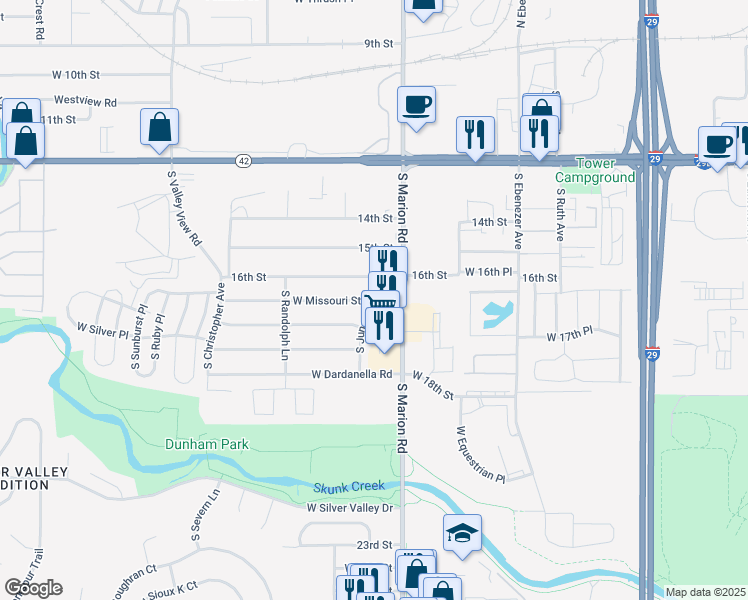 map of restaurants, bars, coffee shops, grocery stores, and more near 818 South Juneau Lane in Sioux Falls