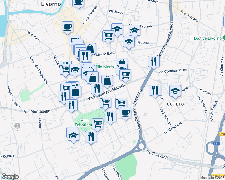 map of restaurants, bars, coffee shops, grocery stores, and more near 16 Via Antonio Labriola in Livorno