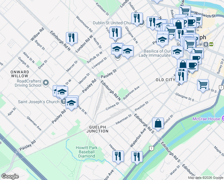 map of restaurants, bars, coffee shops, grocery stores, and more near 68 Edinburgh Road North in Guelph