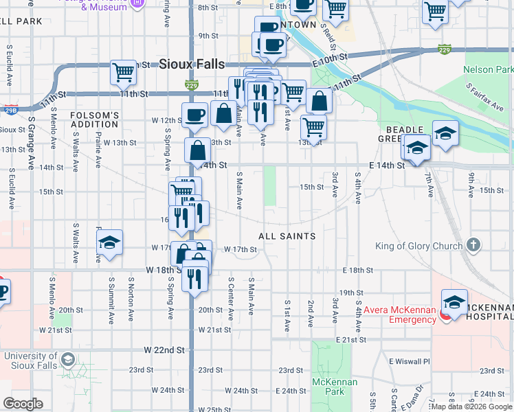 map of restaurants, bars, coffee shops, grocery stores, and more near 660 South Main Avenue in Sioux Falls