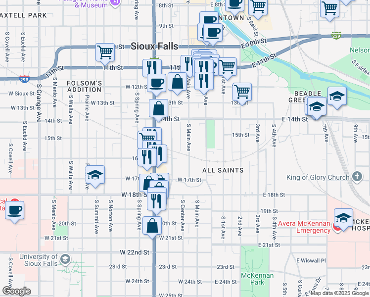 map of restaurants, bars, coffee shops, grocery stores, and more near 706 South Dakota Avenue in Sioux Falls