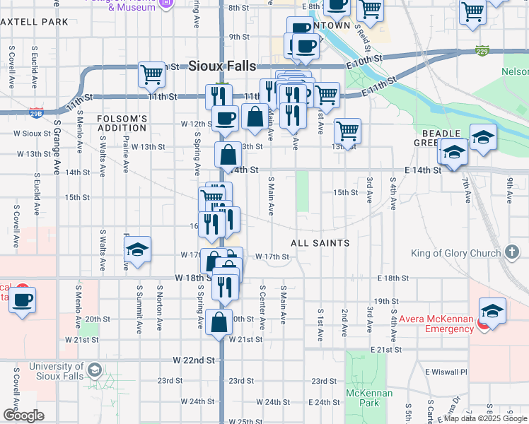 map of restaurants, bars, coffee shops, grocery stores, and more near 706 South Dakota Avenue in Sioux Falls
