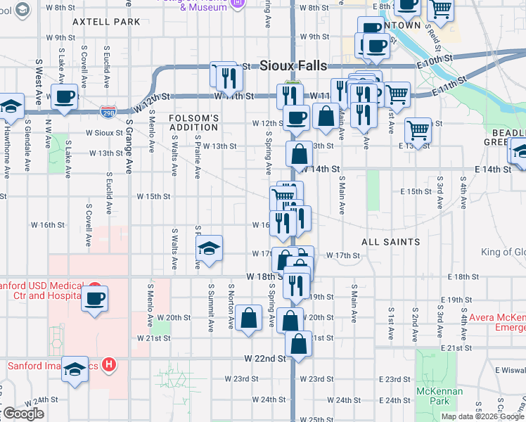 map of restaurants, bars, coffee shops, grocery stores, and more near 512 West 16th Street in Sioux Falls