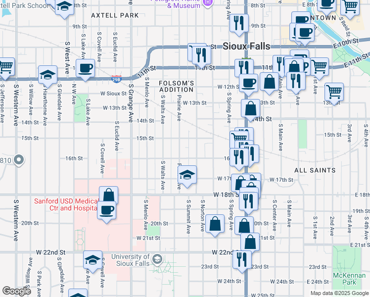 map of restaurants, bars, coffee shops, grocery stores, and more near 714 West 16th Street in Sioux Falls