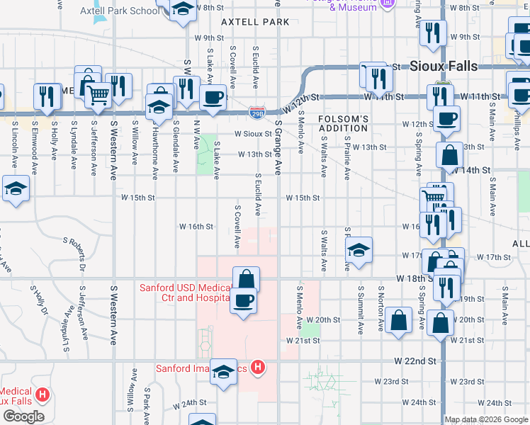 map of restaurants, bars, coffee shops, grocery stores, and more near 801 South Euclid Avenue in Sioux Falls
