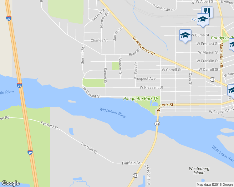 map of restaurants, bars, coffee shops, grocery stores, and more near 1105 West Conant Street in Portage