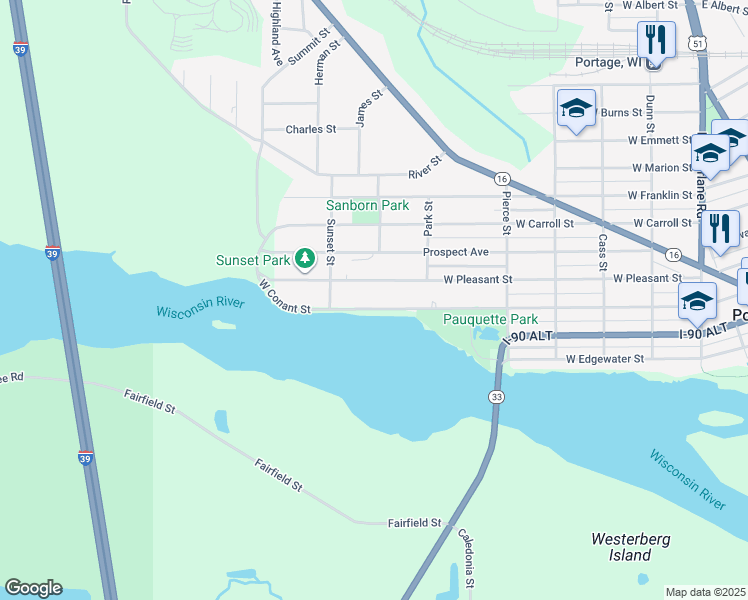 map of restaurants, bars, coffee shops, grocery stores, and more near 1105 West Conant Street in Portage