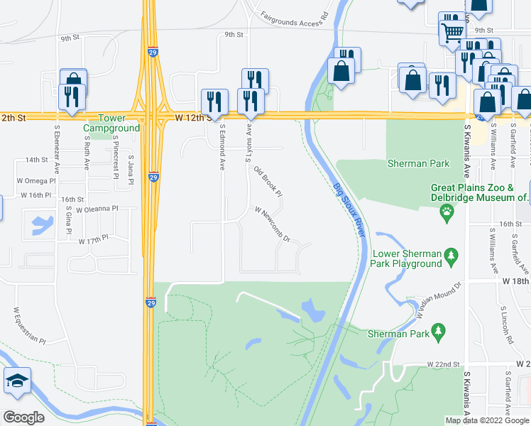 map of restaurants, bars, coffee shops, grocery stores, and more near 4115 West Newcomb Drive in Sioux Falls