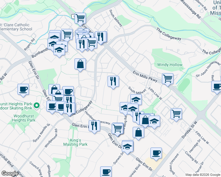 map of restaurants, bars, coffee shops, grocery stores, and more near 2221 Buttonbush Crescent in Mississauga