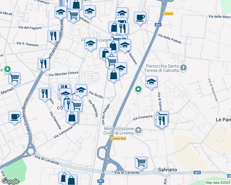 map of restaurants, bars, coffee shops, grocery stores, and more near 101 Via Cimarosa in Livorno