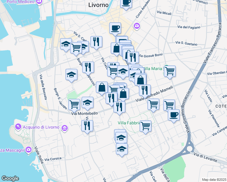 map of restaurants, bars, coffee shops, grocery stores, and more near 166 Via Roma in Livorno