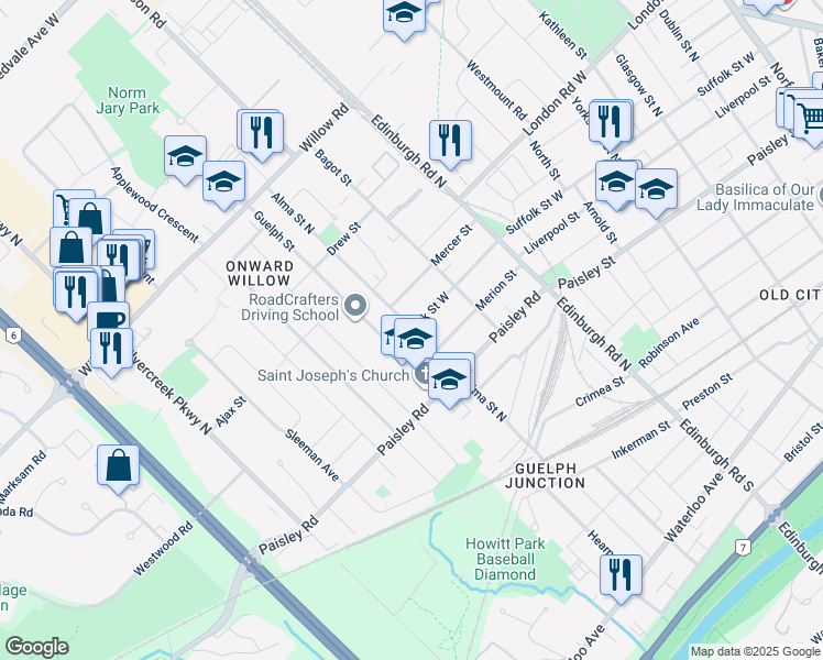 map of restaurants, bars, coffee shops, grocery stores, and more near Alma Street North in Guelph