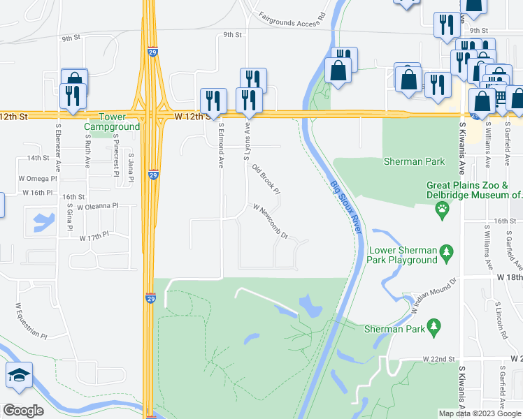 map of restaurants, bars, coffee shops, grocery stores, and more near 4124 West Newcomb Drive in Sioux Falls