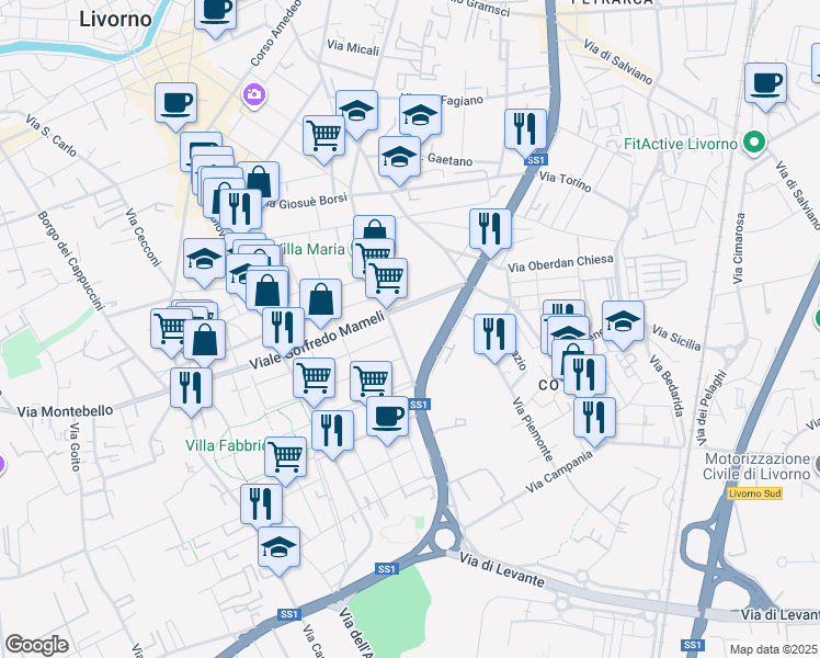 map of restaurants, bars, coffee shops, grocery stores, and more near 37 Via Ebrei Vittime del Nazismo in Livorno