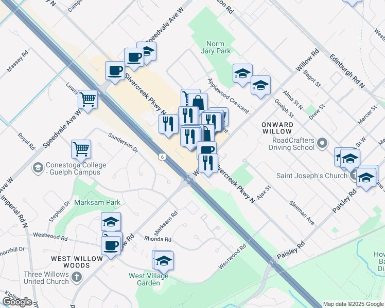 map of restaurants, bars, coffee shops, grocery stores, and more near 130 Silvercreek Parkway North in Guelph