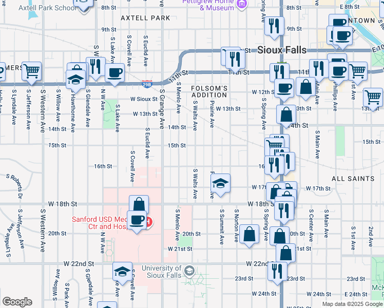 map of restaurants, bars, coffee shops, grocery stores, and more near 920 West 16th Street in Sioux Falls