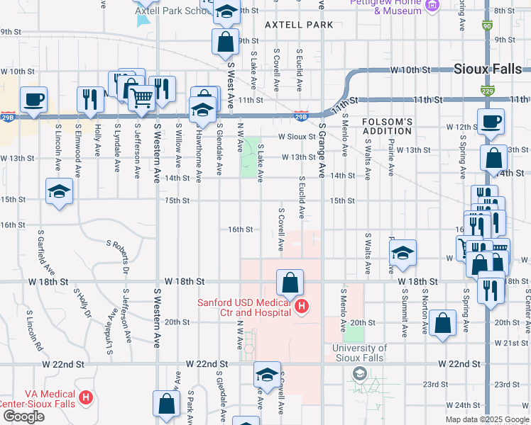 map of restaurants, bars, coffee shops, grocery stores, and more near 735 South Covell Avenue in Sioux Falls