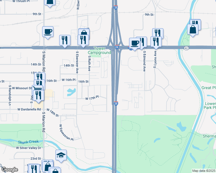 map of restaurants, bars, coffee shops, grocery stores, and more near 800-898 South Tabor Place in Sioux Falls