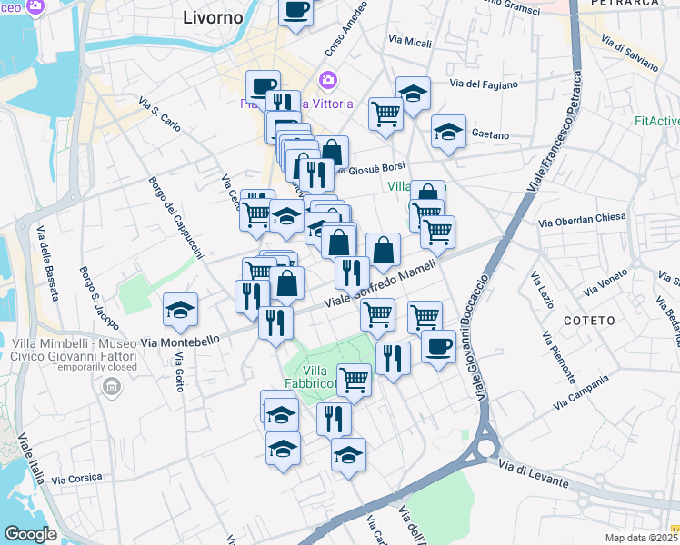 map of restaurants, bars, coffee shops, grocery stores, and more near 45 Viale Goffredo Mameli in Livorno