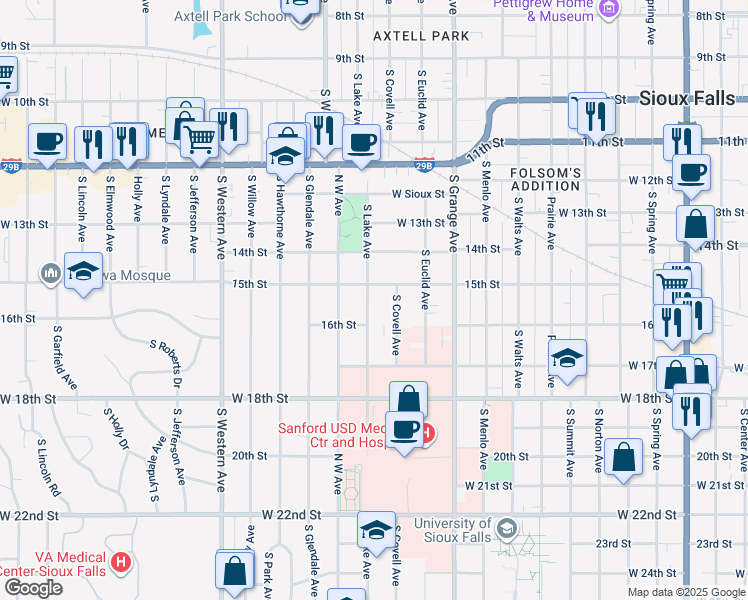 map of restaurants, bars, coffee shops, grocery stores, and more near 735 South Covell Avenue in Sioux Falls