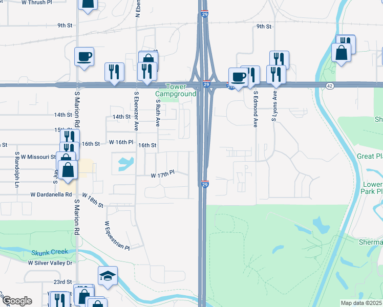 map of restaurants, bars, coffee shops, grocery stores, and more near 800-898 South Tabor Place in Sioux Falls