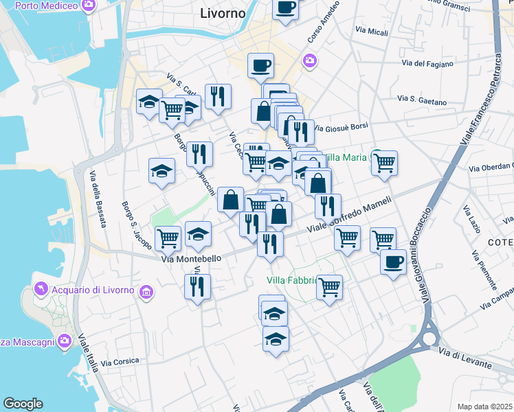 map of restaurants, bars, coffee shops, grocery stores, and more near 166 Via Roma in Livorno