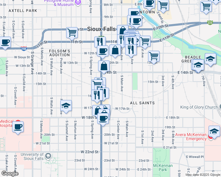 map of restaurants, bars, coffee shops, grocery stores, and more near 643 South Dakota Avenue in Sioux Falls
