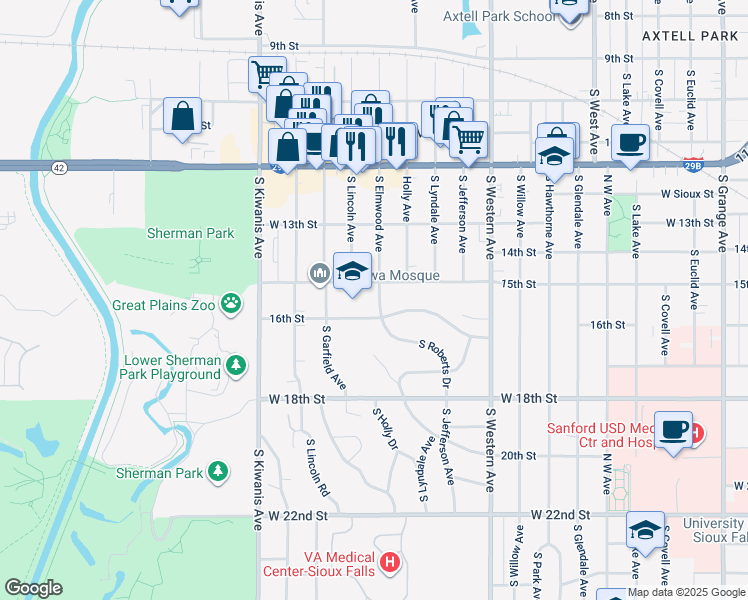 map of restaurants, bars, coffee shops, grocery stores, and more near 705 South Roberts Drive in Sioux Falls