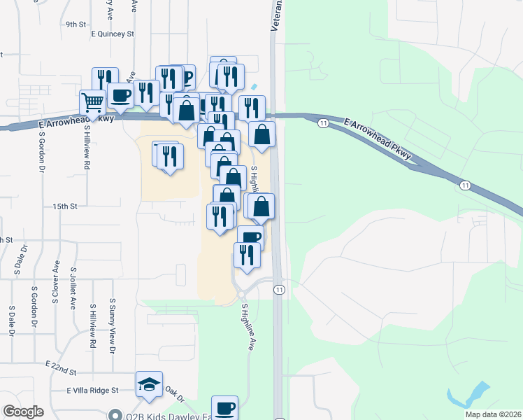 map of restaurants, bars, coffee shops, grocery stores, and more near South Highline Place in Sioux Falls