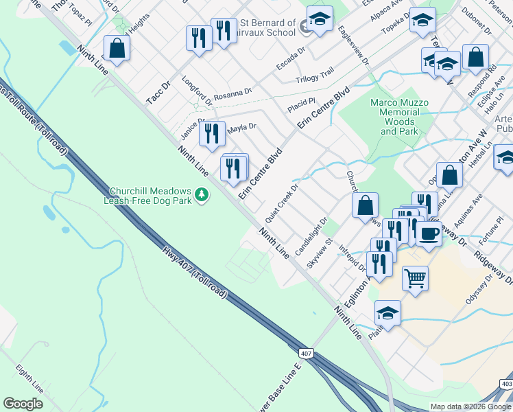 map of restaurants, bars, coffee shops, grocery stores, and more near 3950 Erin Centre Boulevard in Mississauga
