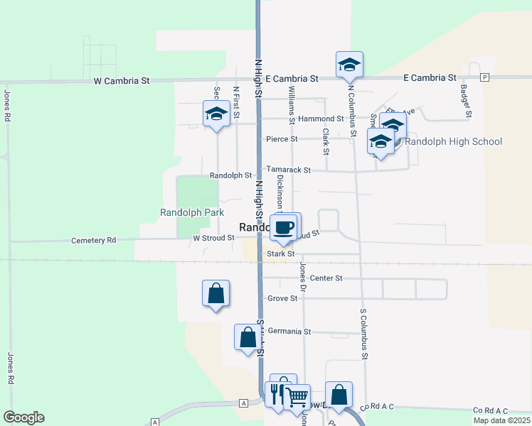 map of restaurants, bars, coffee shops, grocery stores, and more near 228 North High Street in Randolph