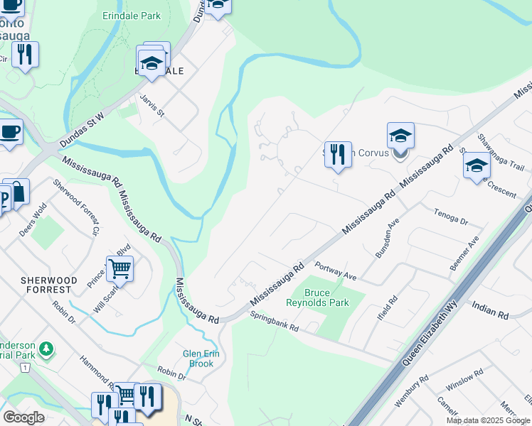 map of restaurants, bars, coffee shops, grocery stores, and more near 1617 Blythe Road in Mississauga