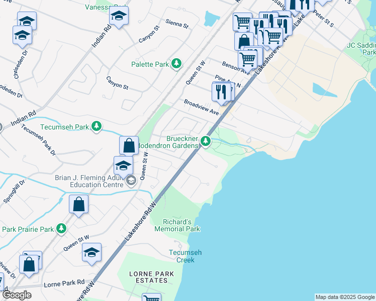 map of restaurants, bars, coffee shops, grocery stores, and more near 1050 Shawnmarr Road in Mississauga