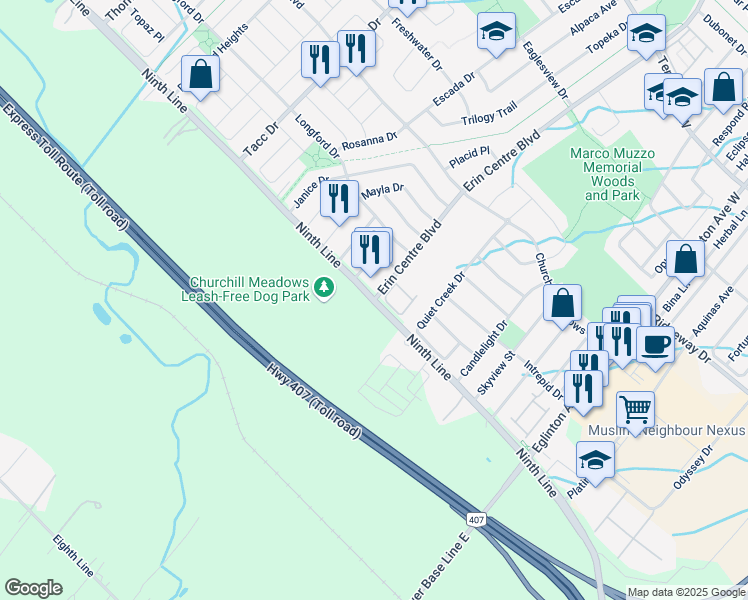 map of restaurants, bars, coffee shops, grocery stores, and more near Ninth Line & Erin Centre Boulevard in Mississauga