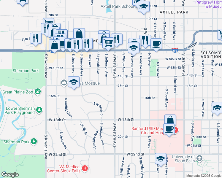 map of restaurants, bars, coffee shops, grocery stores, and more near 1900 West 15th Street in Sioux Falls