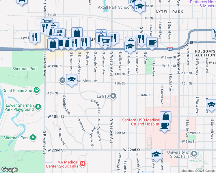 map of restaurants, bars, coffee shops, grocery stores, and more near 1900 West 15th Street in Sioux Falls