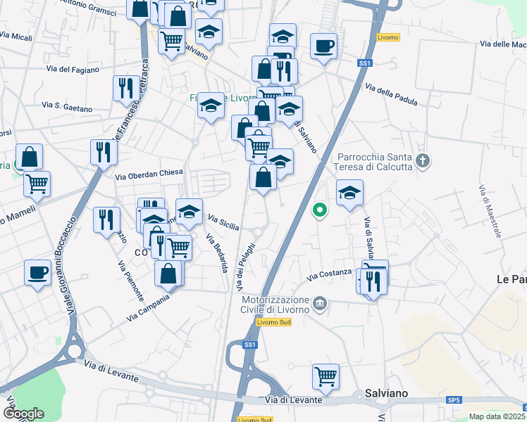 map of restaurants, bars, coffee shops, grocery stores, and more near 86 Via Domenico Cimarosa in Livorno